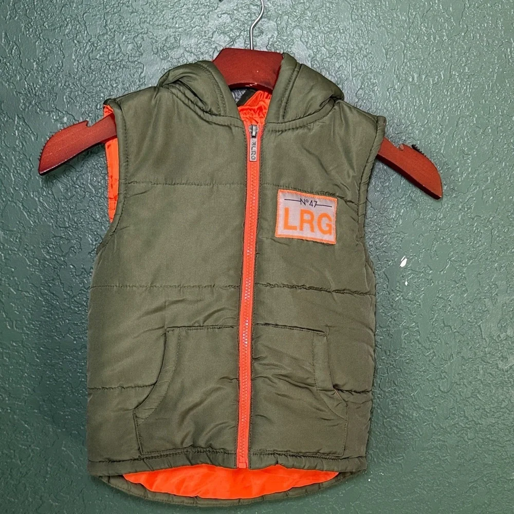 LRG Kids Hooded Puffer Vest Size 4 Green Orange